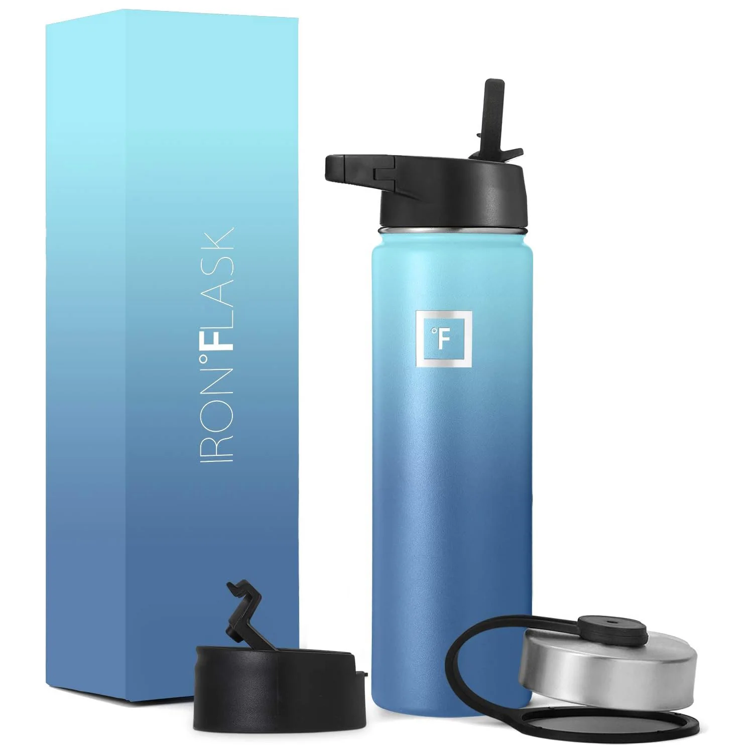 IRON FLASK Sports Water Bottle 3 Lids, Leak Proof, Metal Canteen, Blue Waves, 22 Ounces