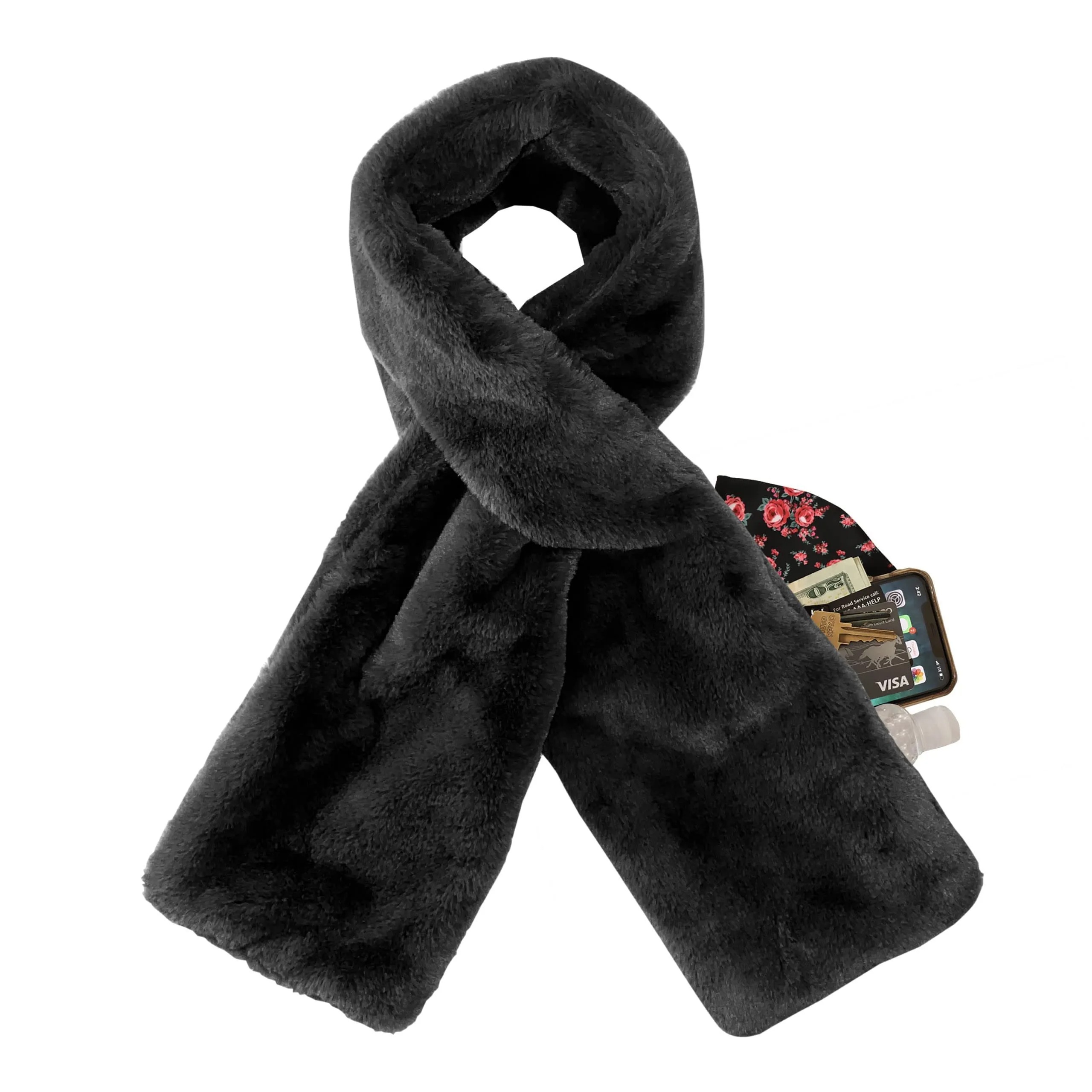 Faux Fur Scarf With Hidden Zipper Pocket