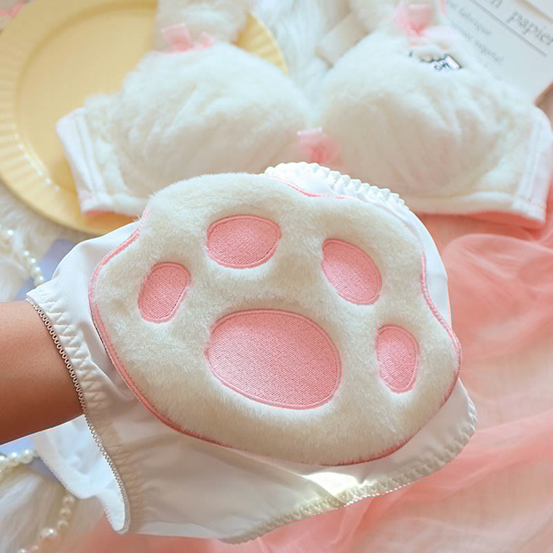 Kawaii Kitty Paw Embroidery Plush Lingerie Set