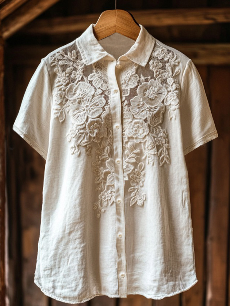 Women's Retro Floral Lace Embroidery Art Shirt