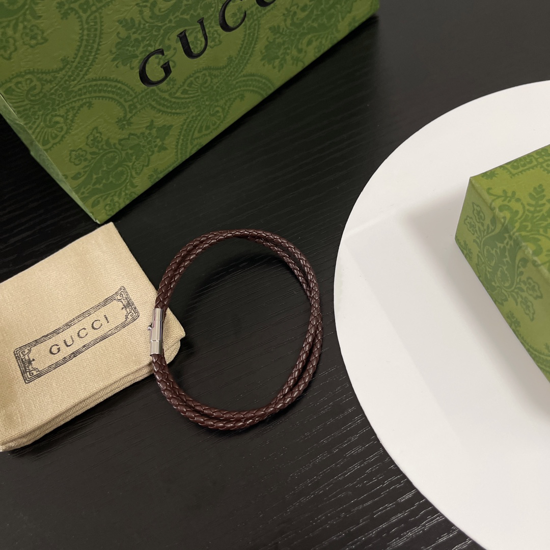 Gucci Brown Leather Braided Bracelet