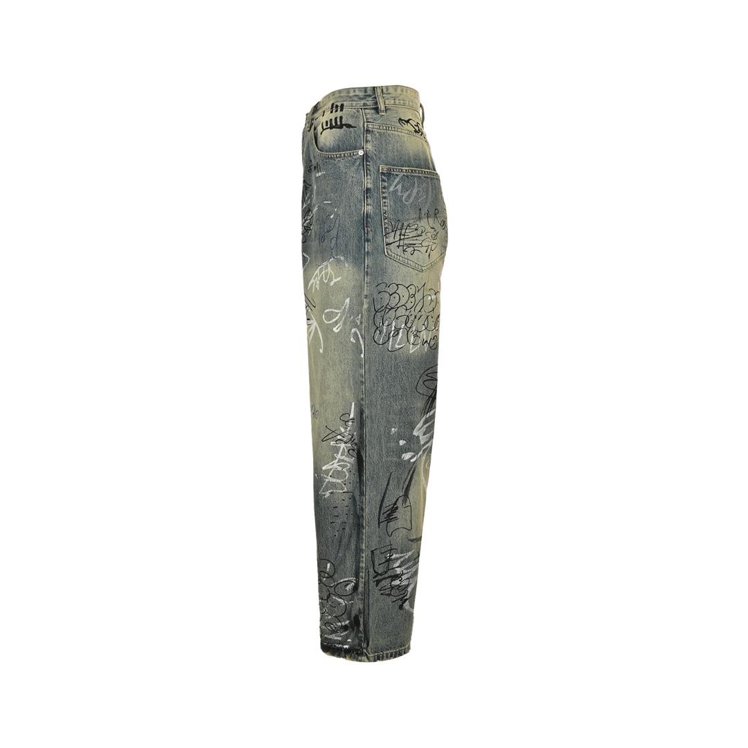 Balenciaga Hand-painted Graffiti Washed Loose Wide-leg Jeans