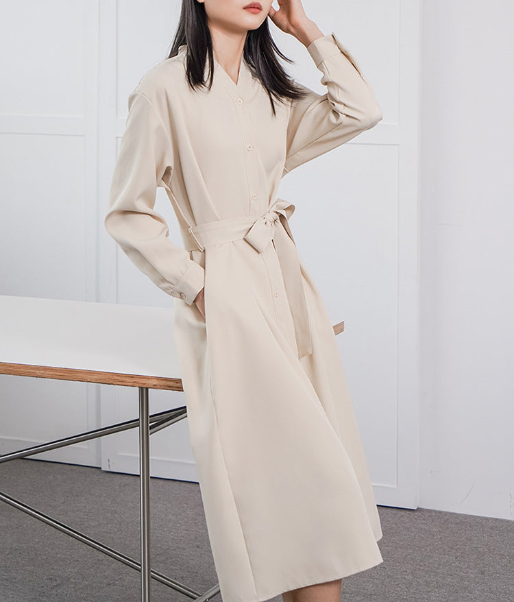 Spring Autumn Women Long Sleeve Loose Dress High Grade Windbreaker Dress Women Belt Adjustable
