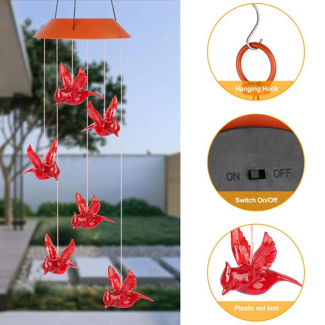 Solar Flame Bird Cardinal Wind Chime Light