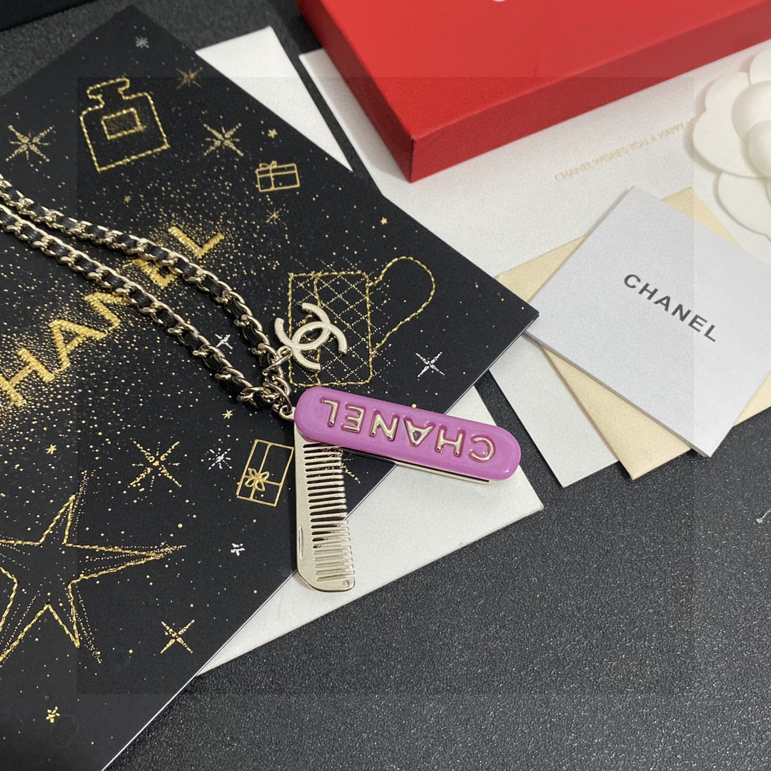 Chanel Comb Brass Double C Pendant Leather Chain Necklace