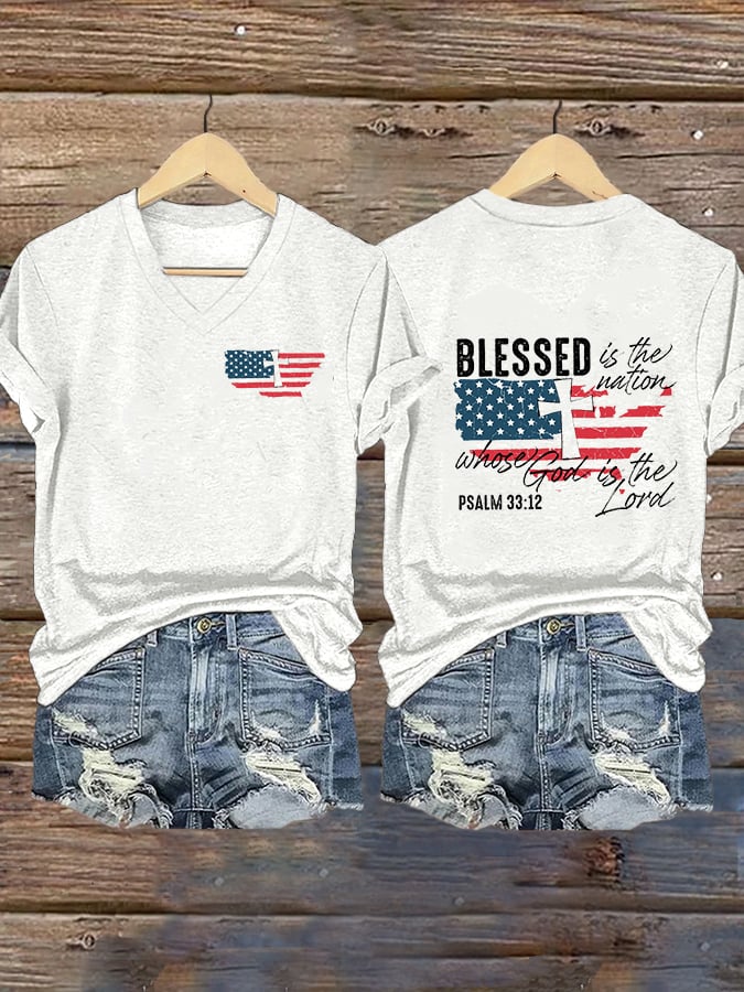 Women's Blessed is The Nation Whose God is The Lord  Print V-Neck T-Shirt
