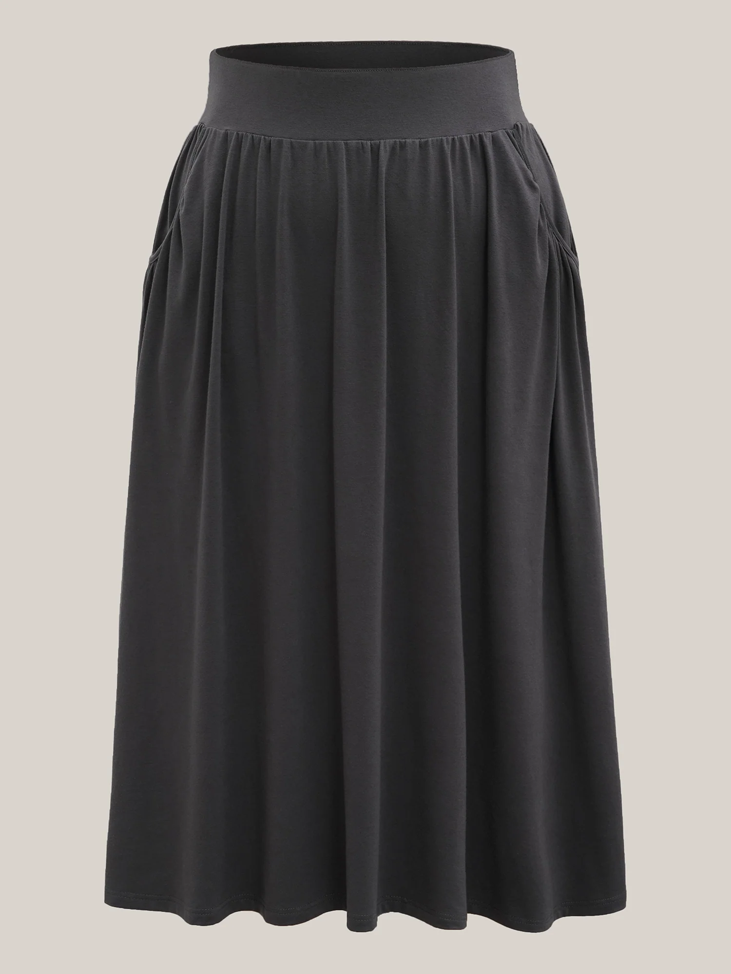 Supersoft Wide Waistband Pleated Plain Midi Skirt