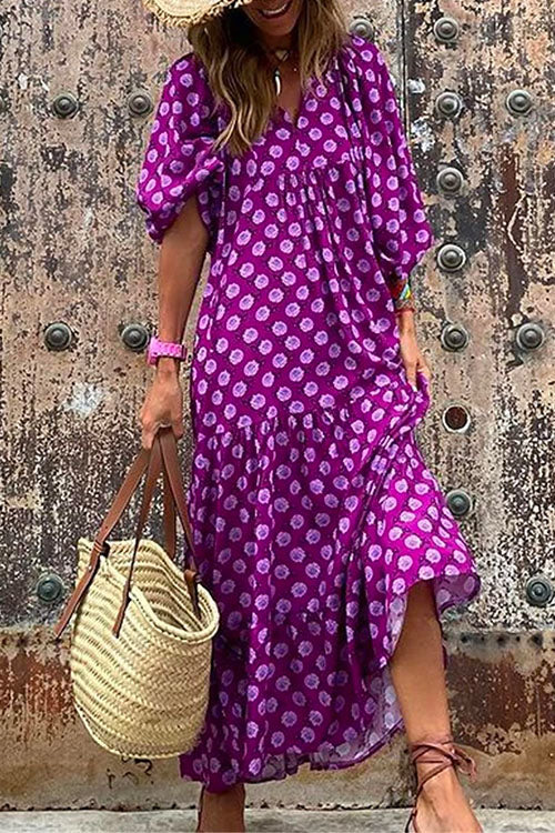 Heididress Puff Sleeve Geometry Printed Swing Dress