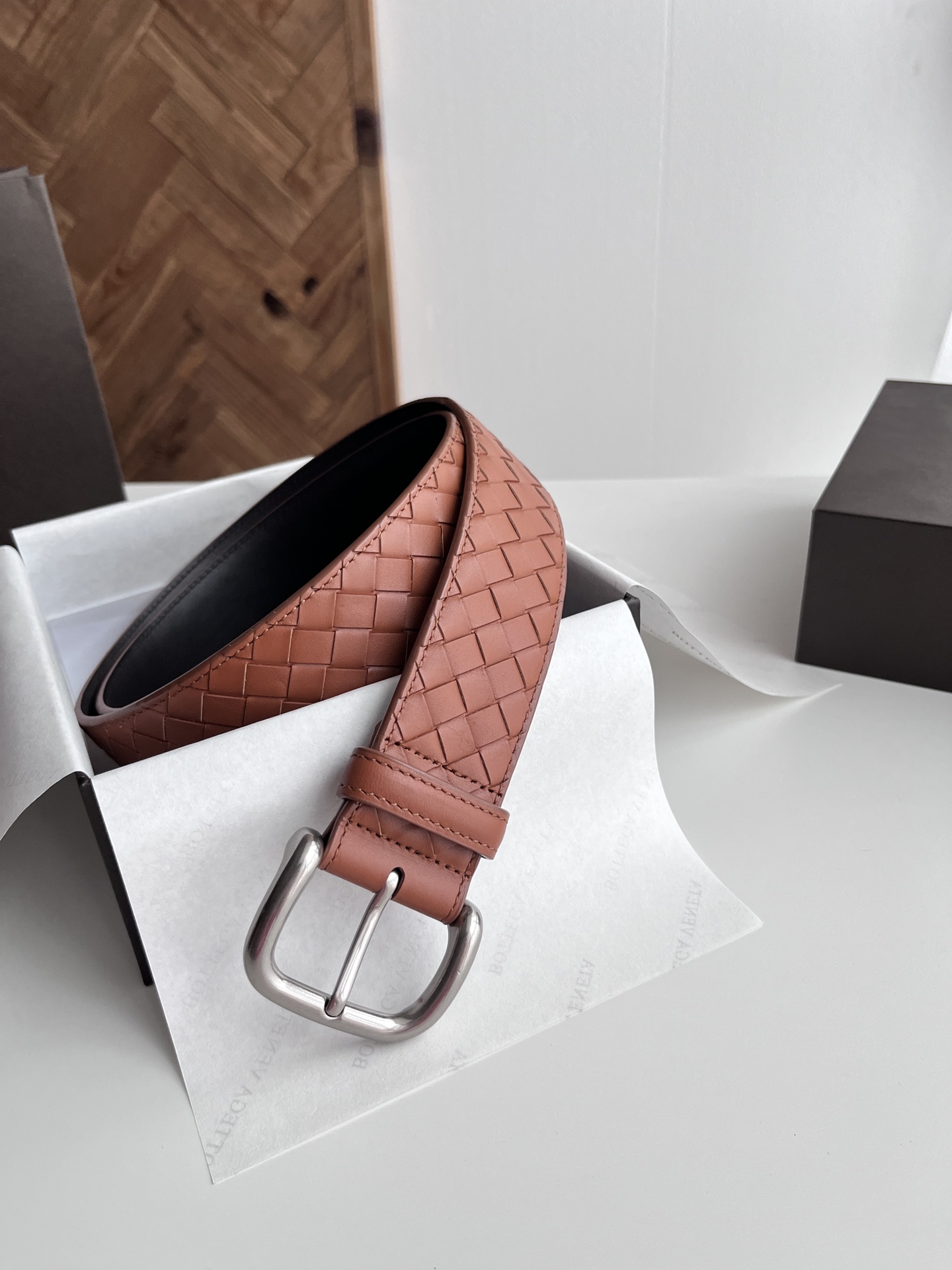 Bottega Veneta intreccio woven cowhide double-sided belt width 4.0cm