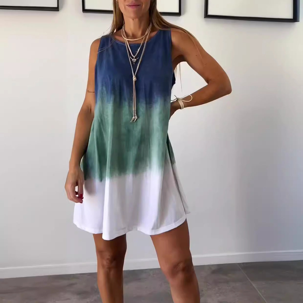 Women Internet Celebrity Summer Tie Dyed Printed Sleeveless Loose Dress
