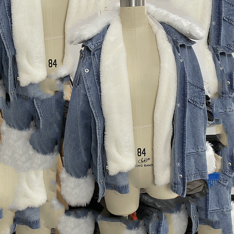 Washed White Short Denim Jacket with Integrated Fur