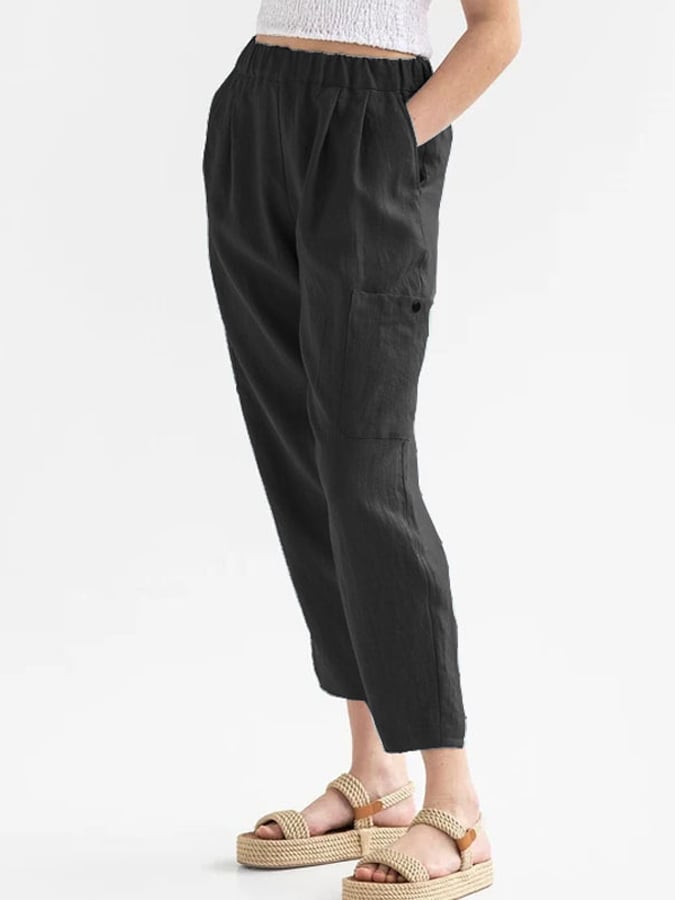 Women's Solid Color Elastic Waist Pocket Cotton Linen Casual Pants