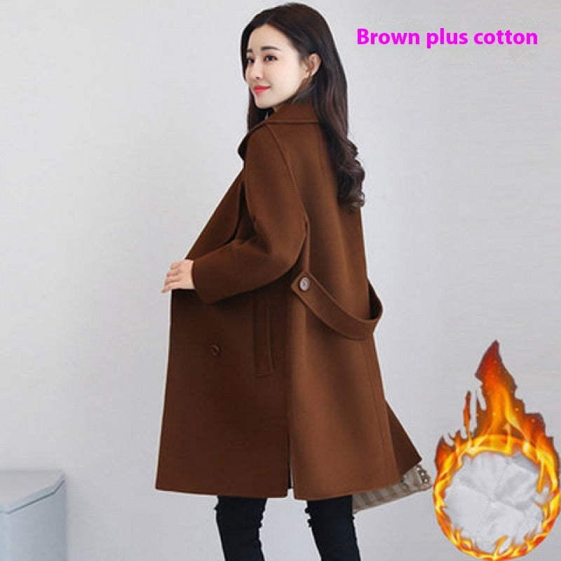 Cotton and Wool Blend Thickened Slimming Wool Overcoat for Women