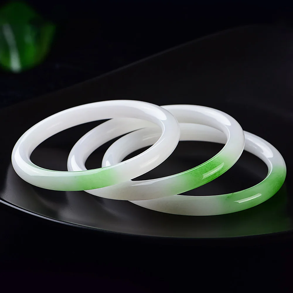 Natural Chalcedony Women's Bracelet Golden Silk Jade White Green Round Bangle Fine Jewelry Accessories Ladies Gift Free Shipping