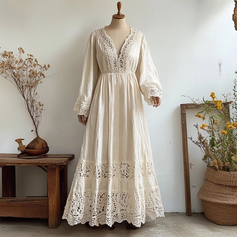 Vintage Hollow Floral Lace Patchwork Flowy Linen Maxi Dress