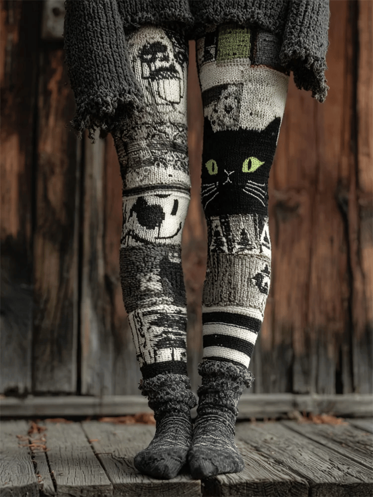 Women's Retro Halloween Contrast Color Comfortable Knitted Print Leggings