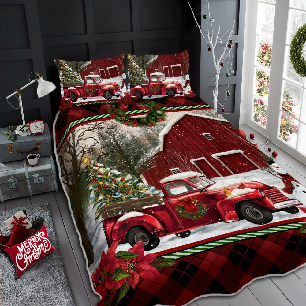 Red Christmas Christmas Truck Barn House Quilt Bed Set