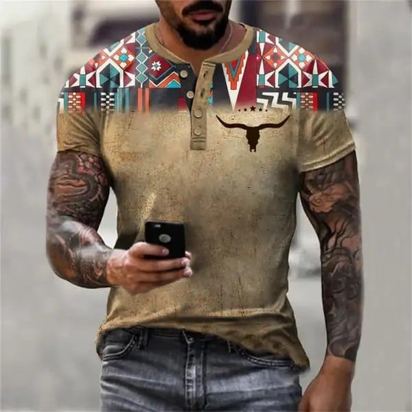 Men's Vintage Western Ethnic Geometric Bullhead Print Henley T-Shirt