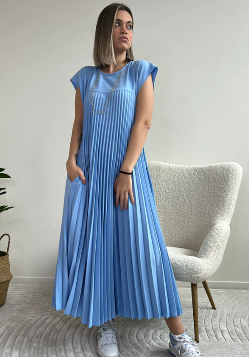 ON SALE🔥Women Summer Pleated Maxi Dress Casual Short Sleeve Long Dress with Pockets