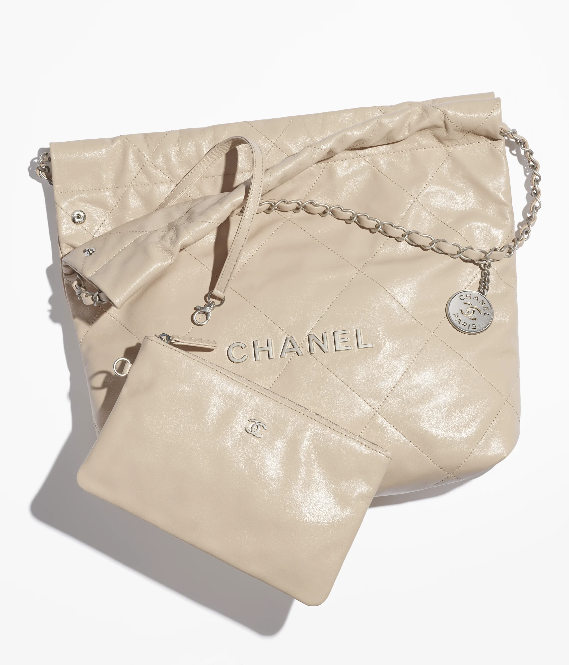 CHANEL 22 Small Handbag Shiny Calfskin & Silver-Tone Metal Beige AS3260-B19057-NADOH