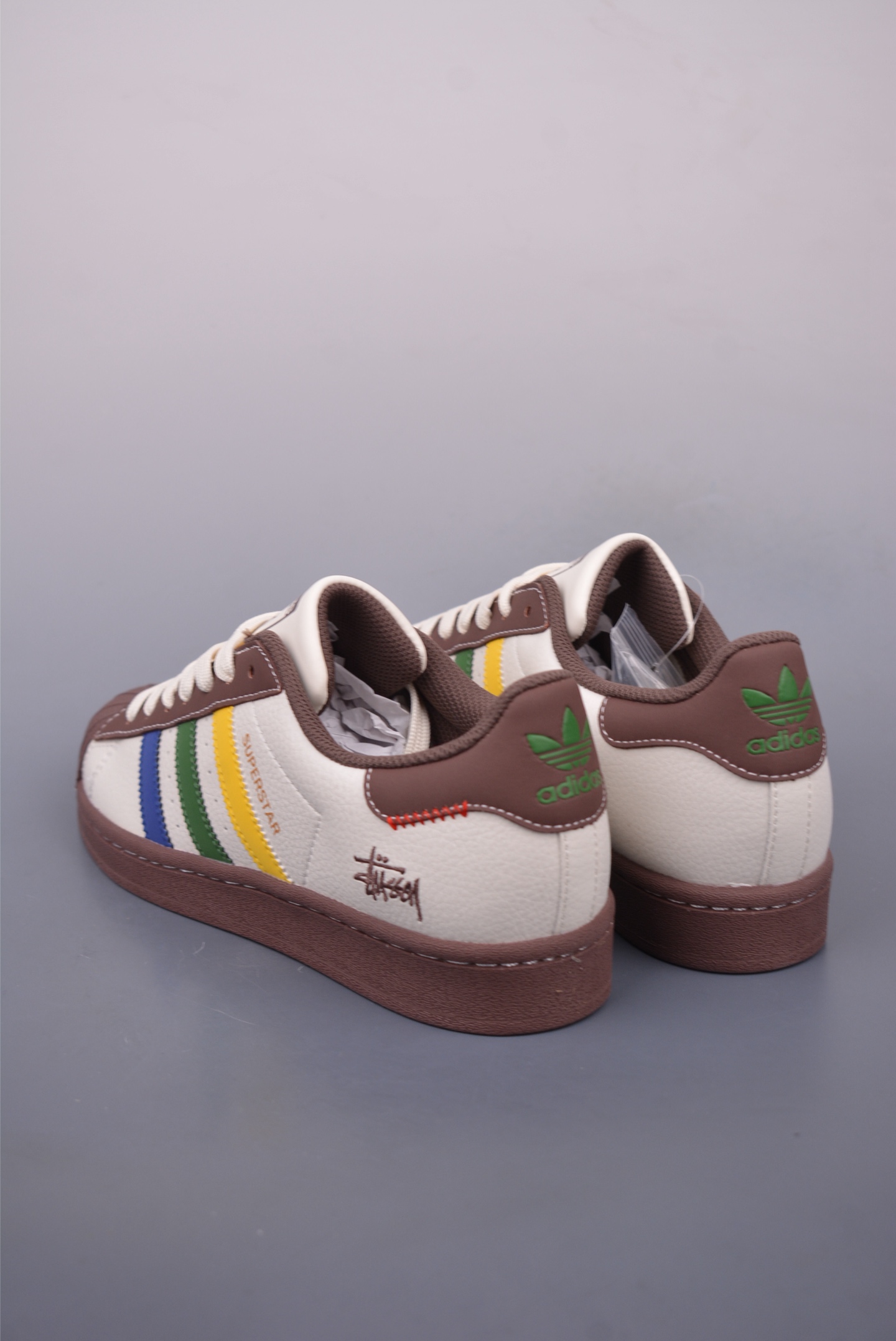 Stussy x Adidas Originals Superstar sneakers Coffee, White and Tricolor JY8913