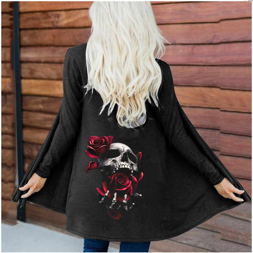 Women's Fashion Long Sleeve Cardigan Coat Top with Halloween Skull Print