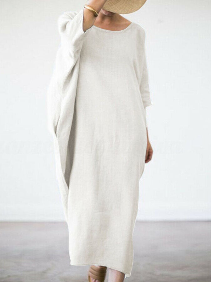 Round Neck Loose Cotton And Linen Dress