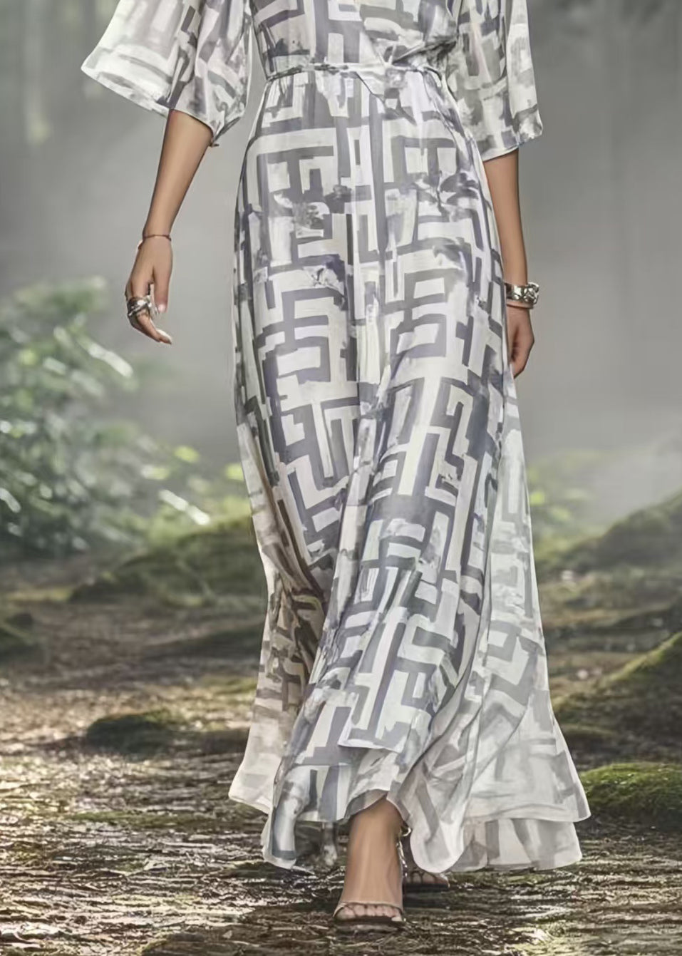 DIY Grey Print Silk Ankle Dress V Neck Summer