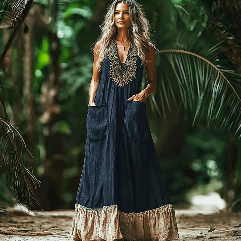 Women's Elegant Bohemian Casual Sleeveless Linen V-neck Maxi Dress