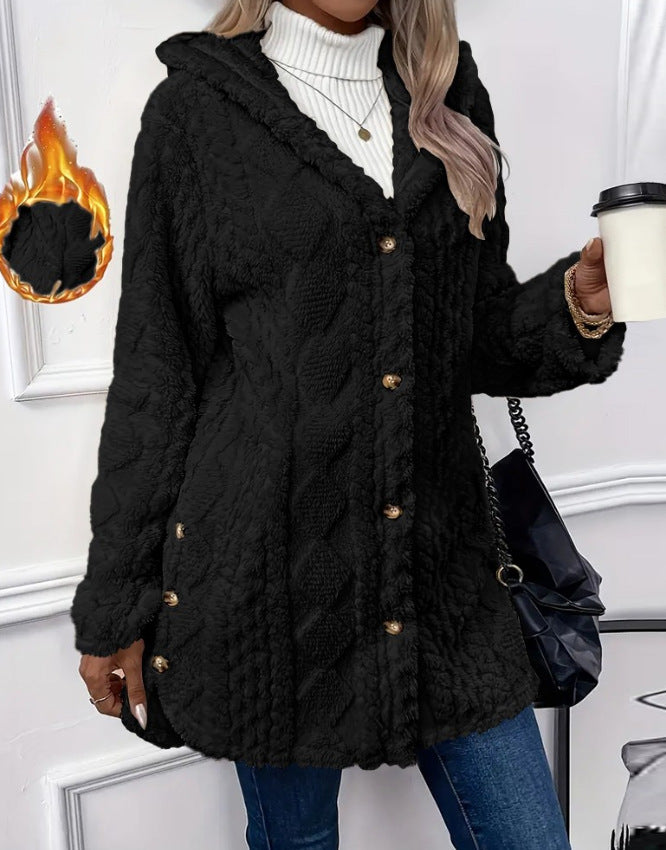 European and American Hooded Solid Color Buttoned Cardigan Long Sleeve Coat
