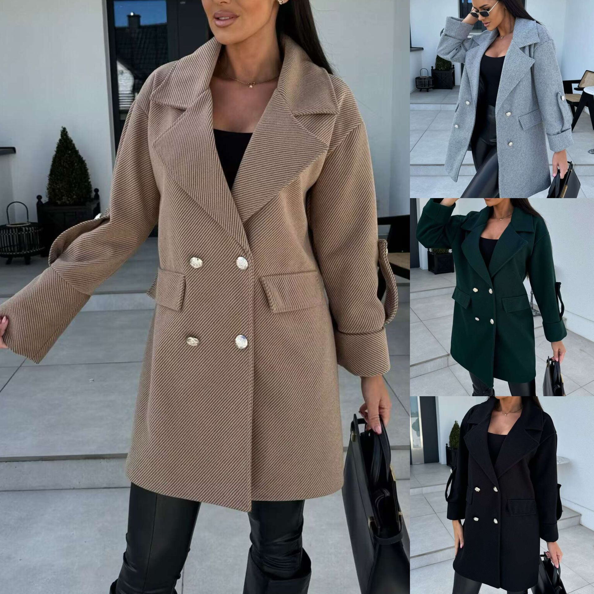 Fashionable H-Shaped Woolen Coat with Suit Collar