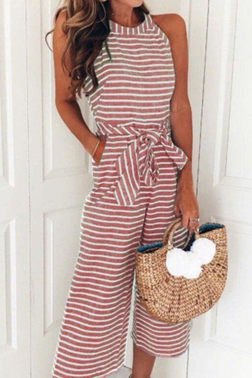 Heididress Sleeveless Knot Waist Wide Leg Striped Jumpsuit