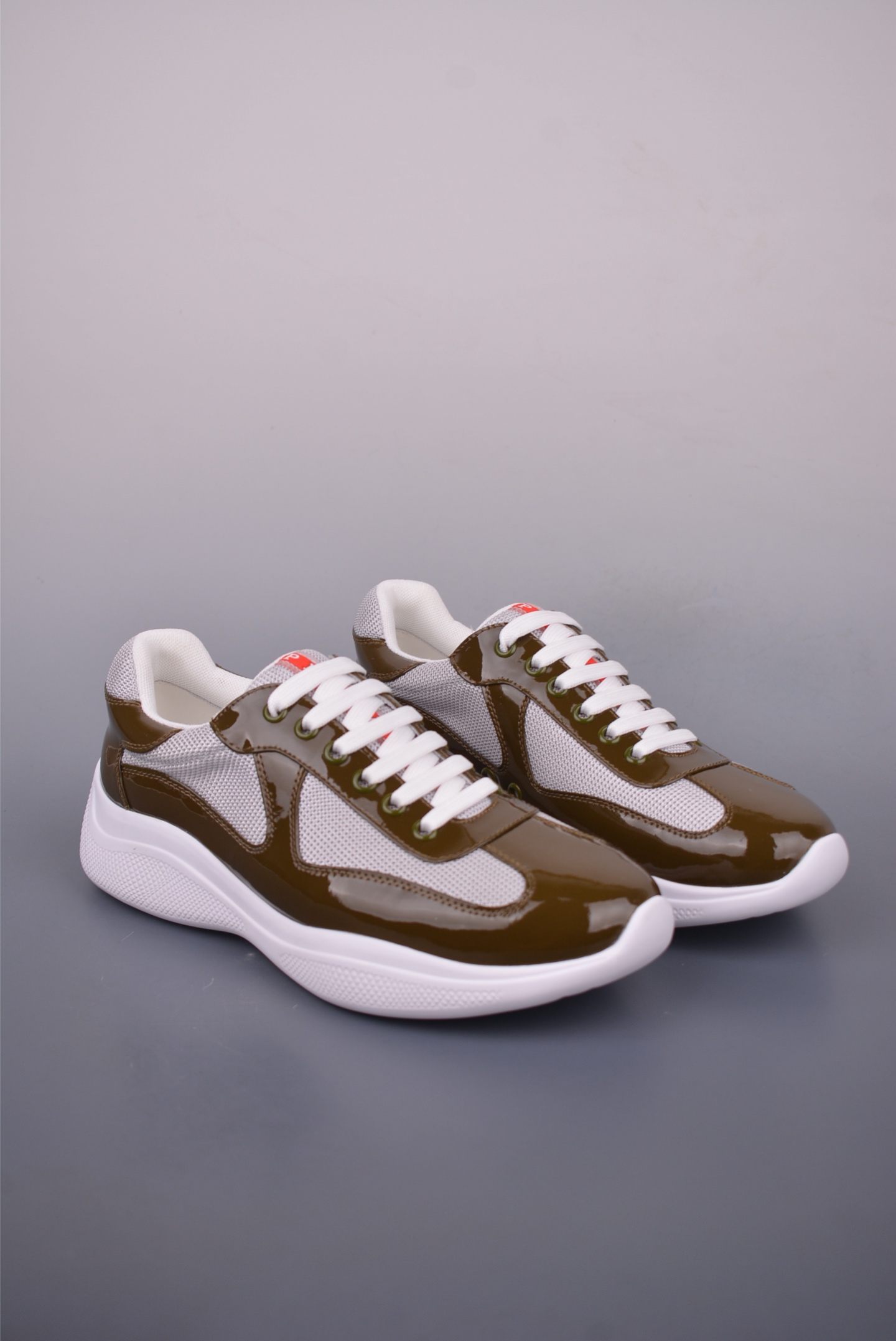Prada America’s Cup Patent Leather Brown Gray White 4E3400_ASZ_F0F5C
