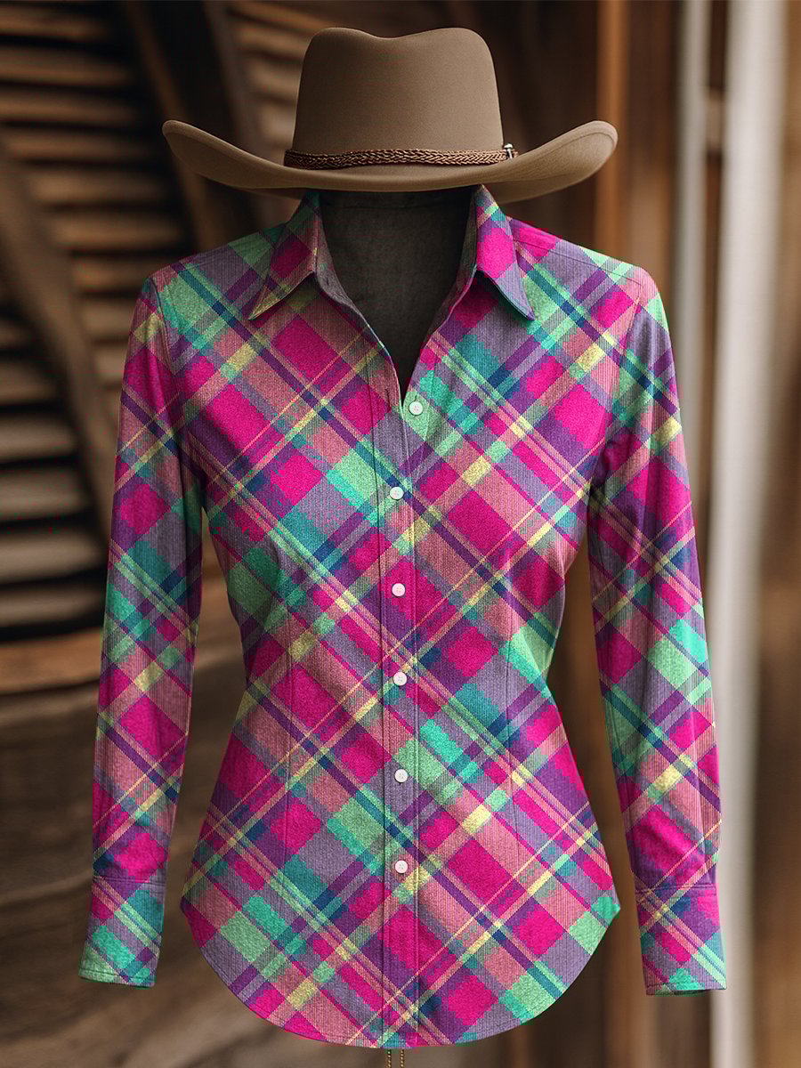 Women's Vintage Plaid Print Western Long Sleeve Shirt
