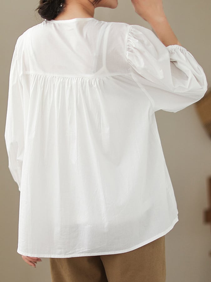 Women's Cotton Lace Patchwork Pleated Lantern Sleeve V-Neck Blouse