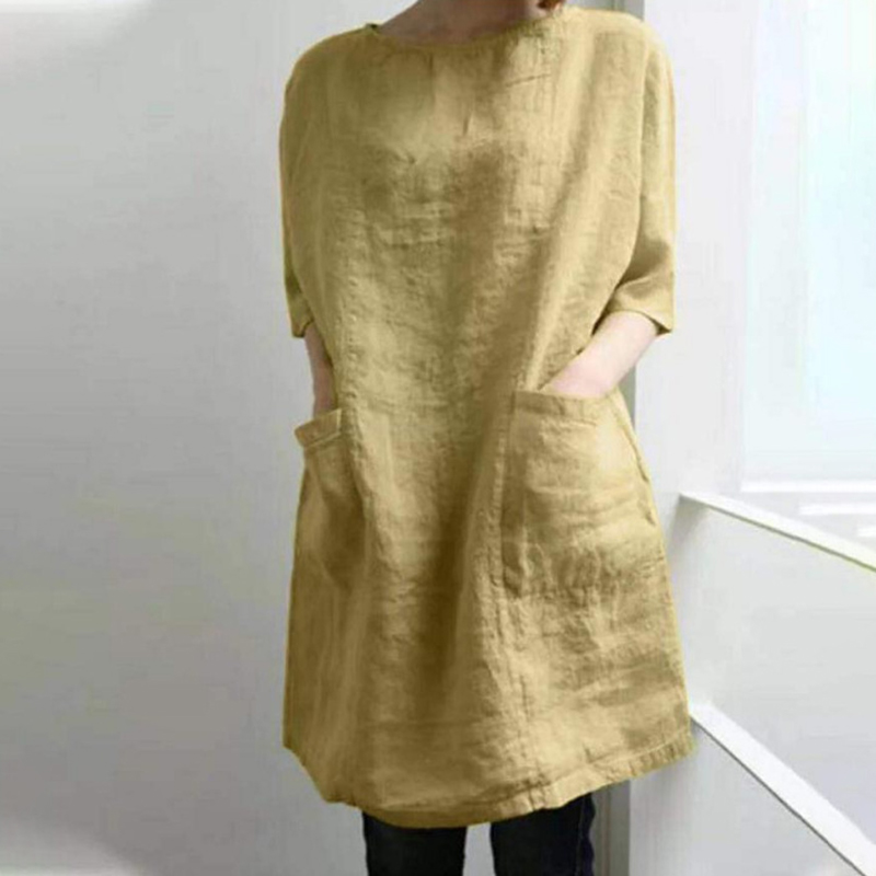 Vintage Plain Round Neck Pocket Short Sleeve Mini Dress