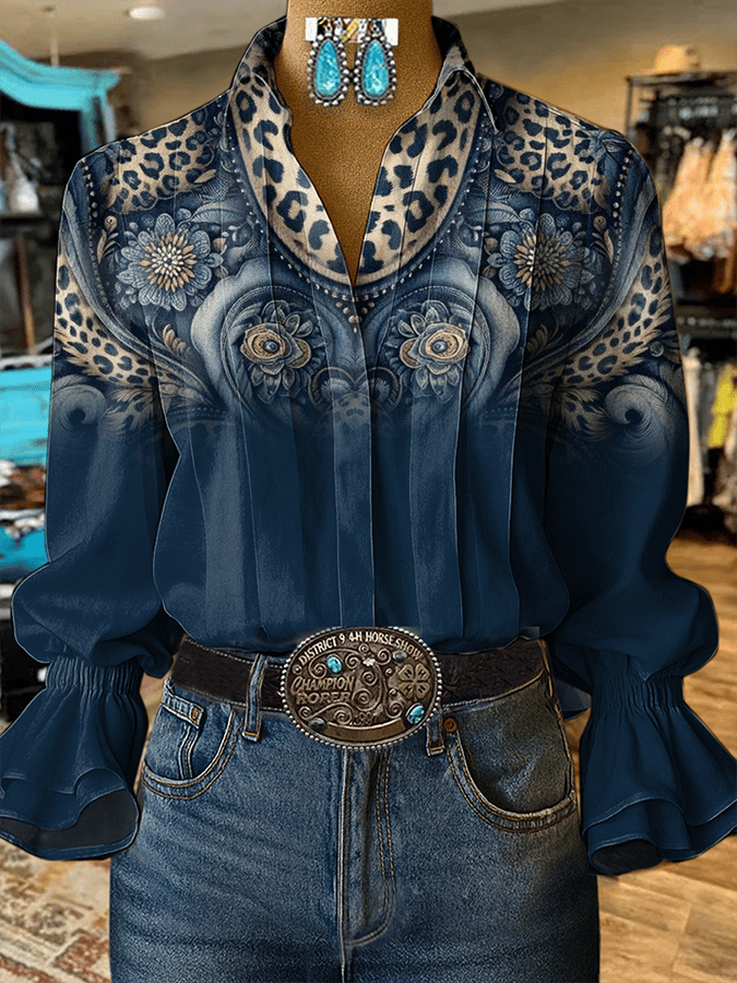 Women's Blue Gradient Retro Flowers and Leopard Print Casual Cotton And Linen Shirt