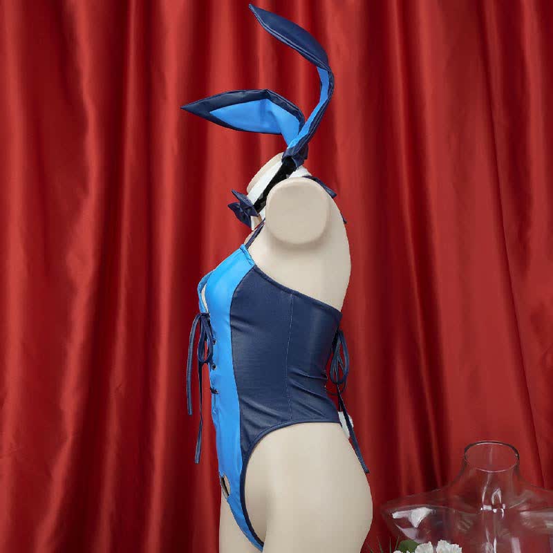 Cosplay Bunny Hollow Out Lace Up PU Jumpsuit Lingerie Set