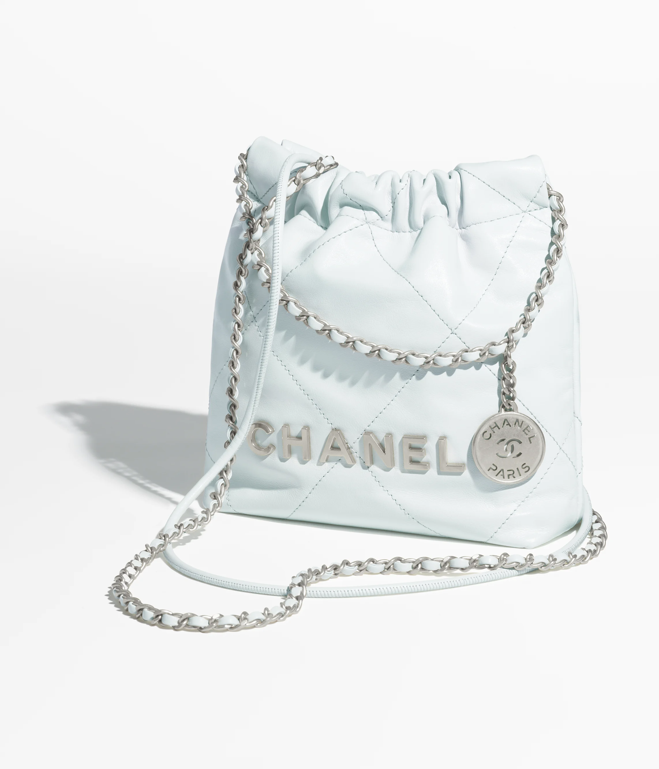 CHANEL 22 Mini Handbag Shiny Calfskin & Silver-Tone Metal Light Blue AS3980-B19057-NAGEP