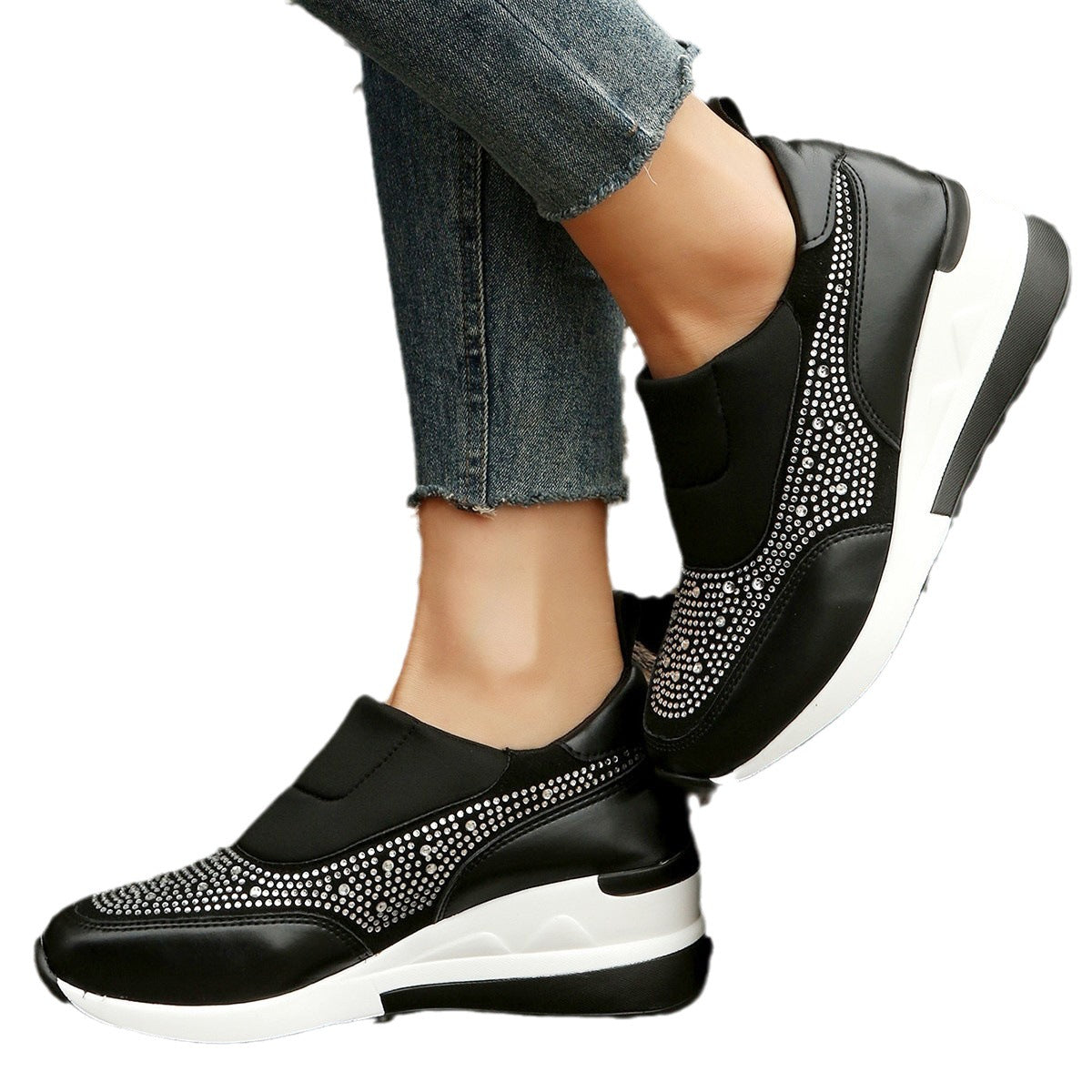 New Rhinestone-Embellished Mesh Wedge High Heel Women's Shoes