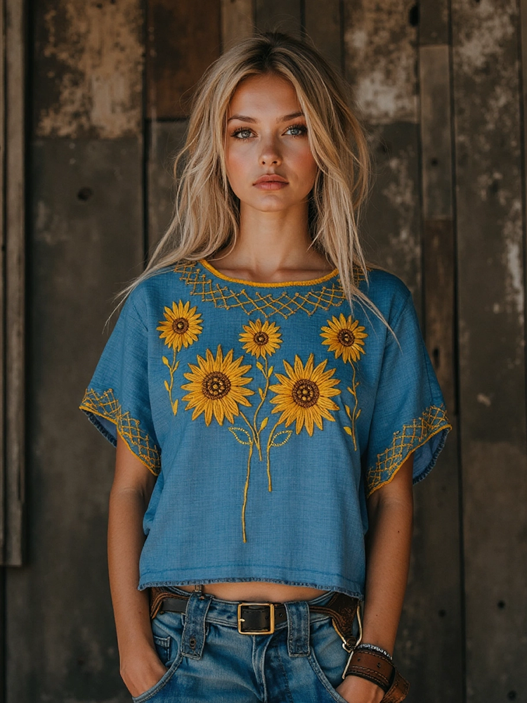 Vintage Folk Sunflower Floral Linen Crew Neck T-shirt