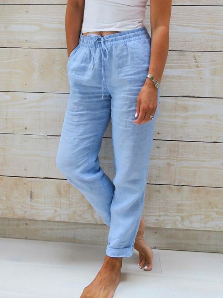 Solid Color Elasticated Waist Casual Pants