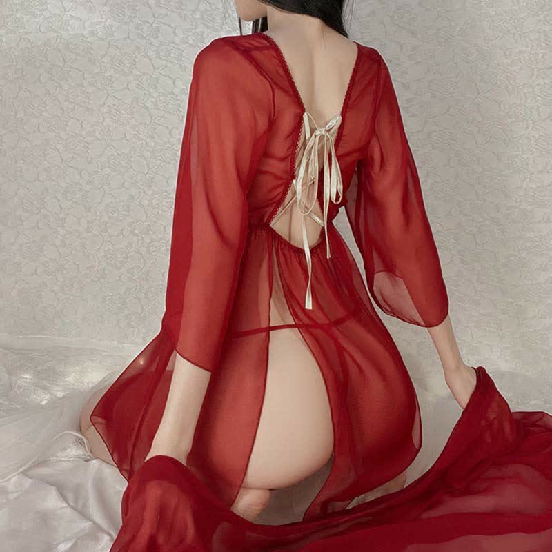 Vintage Lace Up Transparent Mesh Slit Hanfu Lingerie Set