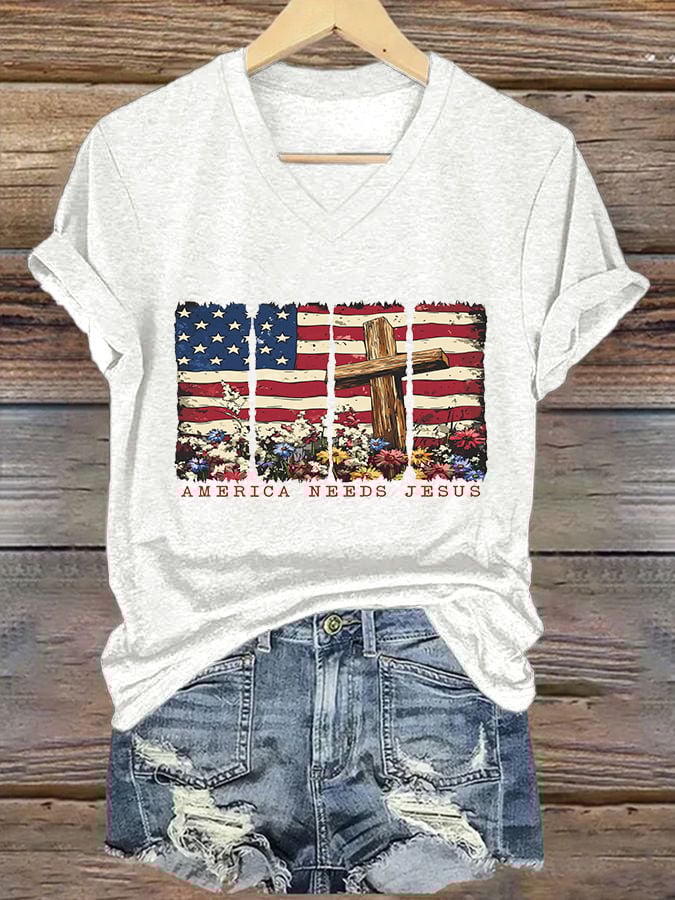 Women's America Needs Jesus Print V-Neck T-Shirt