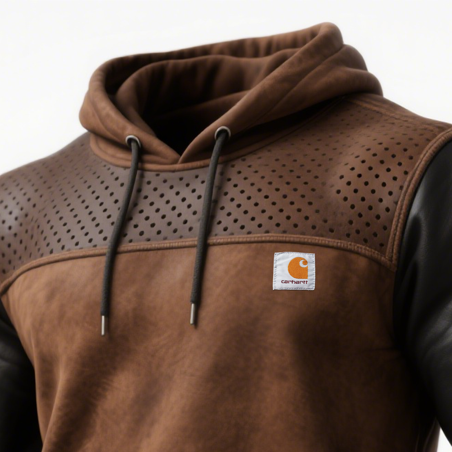 Brown Leather and Fleece Hoodie with Perforated Details