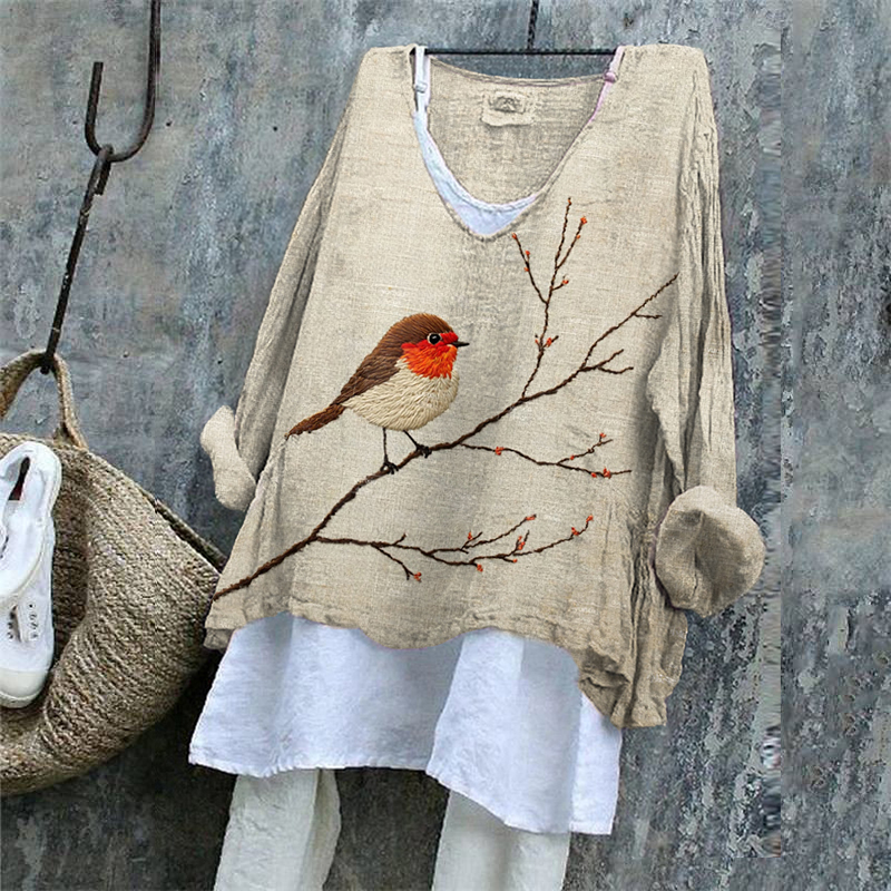Women's Bird And Branch Embroidered Linen Blend Shirt