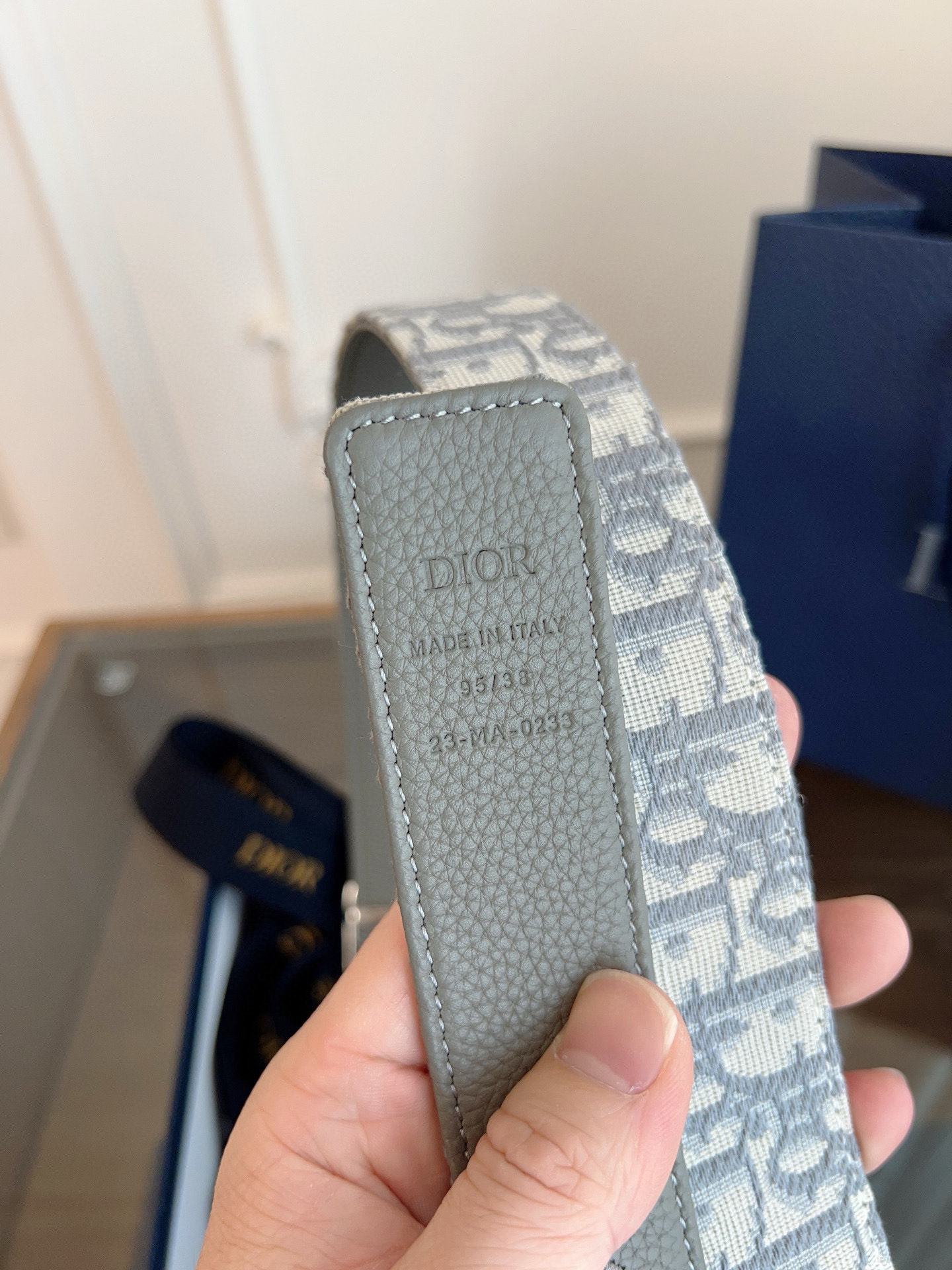 Dior Oblique Grey Cloth Grey Cowhide Leather Strap 3.5cm Wide
