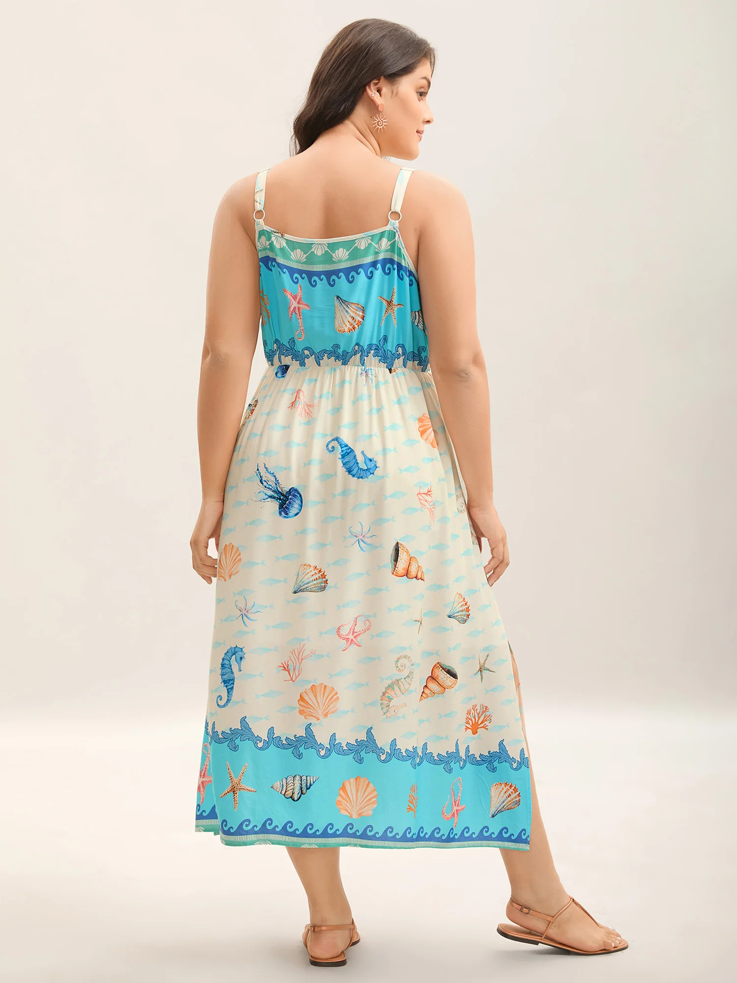 Oceanic Print Slit Sleeveless Midi Dress