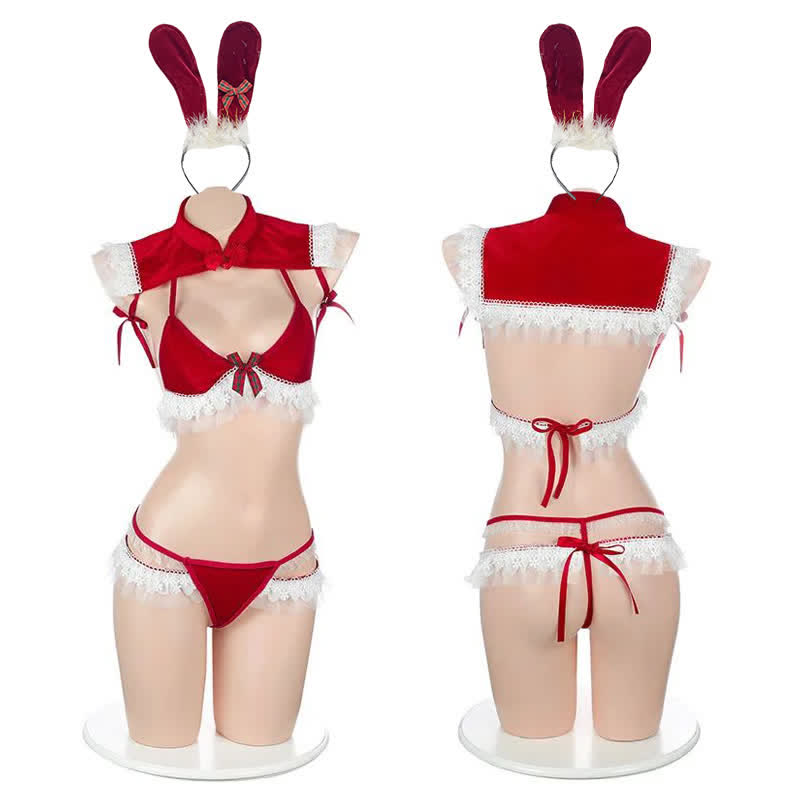 Christmas Cosplay Bunny Qipao Lace Bikini Lingerie Set